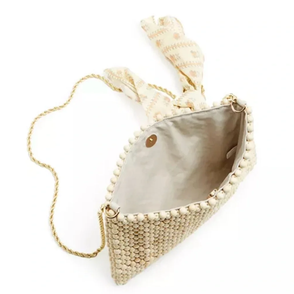 Loeffler Randall Beaded Clutch in Beige with Gold Chain